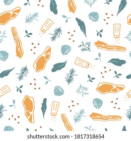 Aromatic Herbs and Pepper Meat Flat Vector Graphic Seamless Pattern