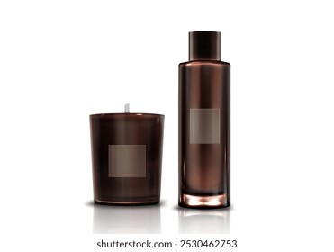 Elementos de decoração de casa aromáticos - vela cilíndrica em vidro marrom com pavio e perfume perfumado em garrafa. Realista vetor 3d ilustração conjunto de aromaterapia e recipiente de velas de spa.