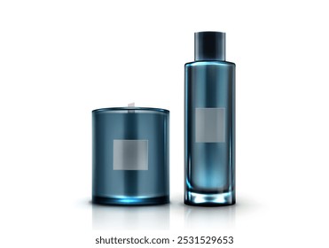 Aromatic home decoration elements - cylinder candle in brown glass with wick and scented perfume in bottle. Realistic 3d vector illustration set of aromatherapy and spa candlestick container.