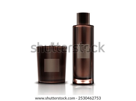 Aromatic home decoration elements - cylinder candle in brown glass with wick and scented perfume in bottle. Realistic 3d vector illustration set of aromatherapy and spa candlestick container.