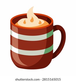 Aromatic hot beverage in brown mug with steam and green stripes on white background.
