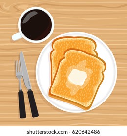 Aromatic hot coffee with crunchy toasted toast with butter on a wooden texture background.