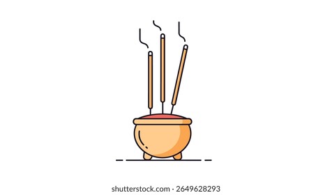 Aromatic incense sticks burning gently in a traditional pot releasing fragrant smoke during a spiritual ceremony
