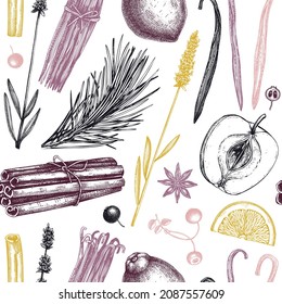 Aromatic ingredients seamless pattern. Vector background with hand-sketched materials for candles, soap, cosmetics, perfumery production. The natural backdrop for wrapping paper, packaging, textile.