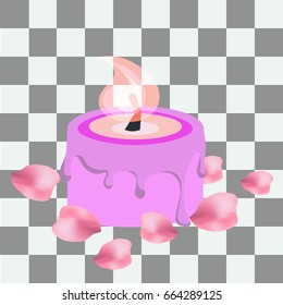 Aromatic lighted candle with scattered rose petals on a transparent background
