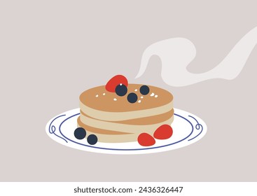 Aromatic Morning Delight, Fresh Pancakes With Berries on a Plate, A stack of warm, fluffy cakes topped with fresh blueberries and raspberries invokes a cozy breakfast ambiance