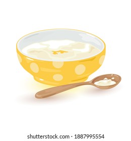 Aromatic portion of semolina with butter and honey served with spoon. Vector morning breakfast, cooking, tasty lunch, nutritious meal design isolated on white background