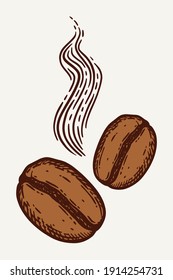 Aromatic roasted coffee beans, caffeine symbol. Hand drawn graphic vector illustration isolated on white background.