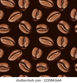 Aromatic roasted coffee beans on dark brown background seamless pattern. Cartoon style vector illustration.