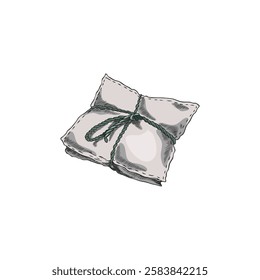 Aromatic sachet textile bag pillow shape sketch icon. Hand drawn freshener cushion tied with green rope. Herbal essential craft bag. Aromatherapy vector color illustration isolated on white