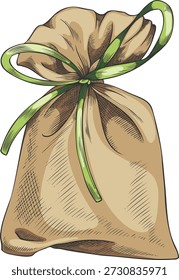 Esquema de saco têxtil de saqueta aromático. Pacote de almofada marrom desenhado à mão amarrado com uma ilustração de vetor de corda. Saco de artesanato essência de ervas, aromaterapia. Planta de aroma medicinal. Produtos orgânicos para bebidas à base de chá