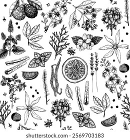 Aromatic seamless pattern for cosmetics and perfumery. Hand-drawn botanical illustration. Eco-friendly design. NOT AI generated
