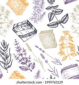 Aromatic soap seamless pattern. Hand-sketched medicinal herbs used for cosmetics, perfumery, soap, candle making, label, packaging. Spa salon or store background. Perfect for packaging or  branding