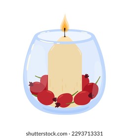 Aromatic spa candle in glass jar, isolated vector wax candlelight with burning fire flame light in round transparent bowl with rosehip berries. Scented home item for relaxation and meditation