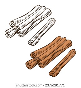 Canela de especias aromáticas. Ingrediente para cocinar. Hierba marrón. Color de ilustración aislado del vector de arte y negro. Esbozo de línea dibujada a mano