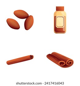 Aromatic spice icons set cartoon vector. Fragrant cocoa bean and cinnamon stick. Spice ingredient, food aroma