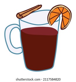 Aromatic spiced hot drink in doodle style. Vector illustration. Cinnamon, orange, warm beverage