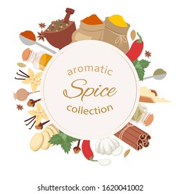 Aromatic spices collection, cartoon herbs and spices banner card circle frame with aroma and flavor ingredient of food condiments vector illustration. Cinnamon, cloves, pepper and herbs.