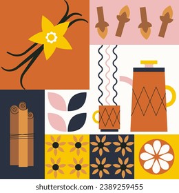 Ilustración de especias aromáticas. Ingredientes saludables para el té a base de hierbas. Patrón de comida y bebida. Sencillo, geométrico y moderno. Especias para tomar algo. Resumen de fondo para afiche, menú, café, tienda de especias