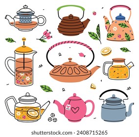 Té aromático preparado con bebida caliente en un conjunto de vectores de tetera
