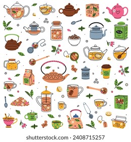 Té aromático con teabag, copa o taza con bebida caliente y juego de vectores de tetera