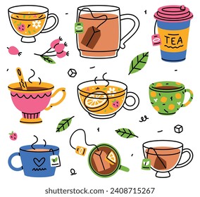 Aromatic Tea Brewing with Teabag in Cup or Mug with Hot Drink Vector Set