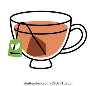 Aromatic Tea Brewing with Teabag in Glass Cup with Hot Drink Vector Illustration