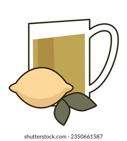 Aromatic tea with herbal scent and taste, isolated glass of warm liquid with lemon. Delicious breakfast or dinner in cafe or restaurant. Brewing and making beverage at home. Vector in flat style