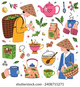 Aromatic Tea with Vietnamese Harvest on Plantation and Brewing with Teabag, Hands Hold Mug with Hot Drink and Teapot Vector Set