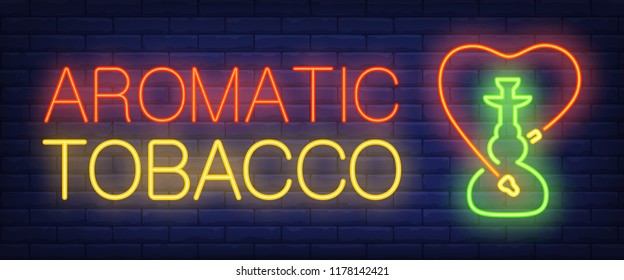 Aromatic tobacco neon sign. Hookah with heart shaped hose on brick wall background. Vector illustration in neon style for lounge, cafe, dating