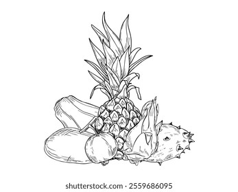 Aromatic tropical ananas, Papaya, kiwano, Pitahaya, guava and mango fruit mix hand drawn black and white vector illustration. Monochrome summer floral composition for poster, greeting cards.