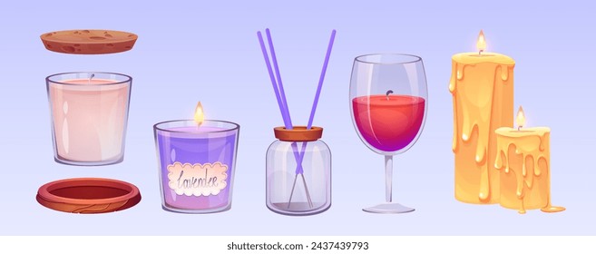 Velas de cera aromática conjunto aislado sobre fondo azul. Ilustración vectorial de dibujos animados de elementos interiores de spa o hogar para relajarse, frasco de vidrio con aceite de aroma, sabor a lavanda, artículos de meditación de aromaterapia