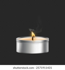 Aromatic wax or paraffin scented tealight candle with wick and smoke. Vector realistic candlelight from small candle illuminating light and brightness. Blowing out flames