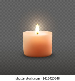 Aromatic wax round spa candle with burning flame light isolated on transparent background. Vector 3D realistic candlelight element design.