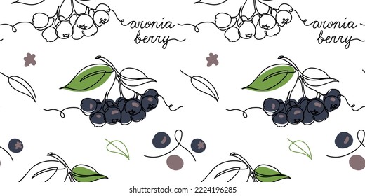 Aronia berry, chokeberry, black rowan vector seamless pattern or texture. One continuous line art drawing of aronia pattern.