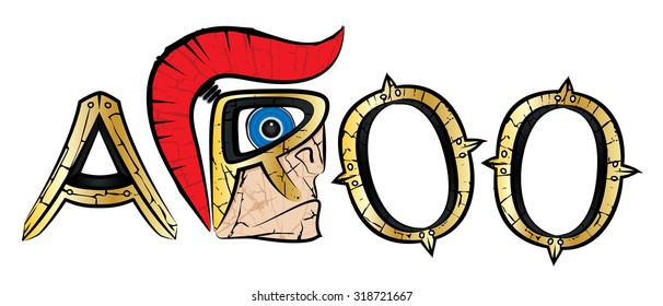 Aroo shout made of spartan warrior profile and golden metal letters  illustration