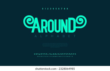 Alrededor del alfabeto de letras del logotipo de tecnología digital abstracta. Fuentes urbanas modernas mínimas para logotipo, marca, etc. Tipografía tipo de letra mayúsculas minúsculas y número. ilustración vectorial