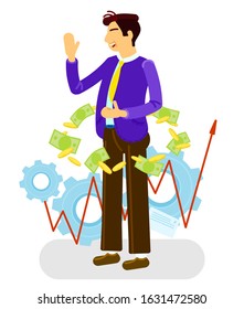 Around businessman swirling money and success. Concept of successful investment and work. Cartoon flat style. Isolated vector