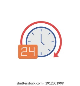 Alrededor del reloj, icono de 24 horas en color, aislado en fondo blanco 
