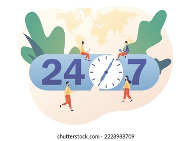 Alrededor de las 24 horas. 24 horas mirar con flecha. Servicio de asistencia 24 horas al día, 7 días a la semana, horario, horario de trabajo, concepto de entrega.  Estilo moderno de dibujos animados planos. Ilustración vectorial sobre fondo blanco