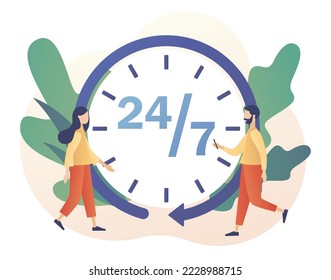 Around clock. 24-7 support service, open, time, working hours, delivery concept. 24 hours watch with arrow. Modern flat cartoon style. Vector illustration on white background