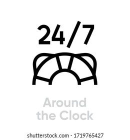 Around the Clock icon. Editable Line Vector. Flat lifebuoy help sign with the text 24/7 designation service support. Single pictogram.