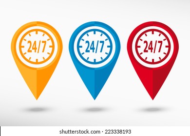 Around the clock map pointer, vector illustration. Flat design style