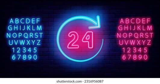 Around the clock neon label. Circle arrow with 24. Shiny pink and blue alphabet. Night club, bar and market sign. Glowing invitation on brick wall. Editable stroke. Vector stock illustration