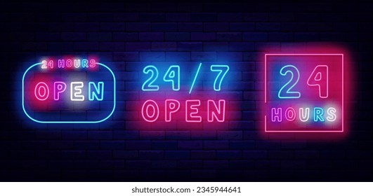 Around the clock neon labels collection. Open emblem. Geometric frames. Night club, bar and market sign. Glowing invitation. Editing text. Vector stock illustration