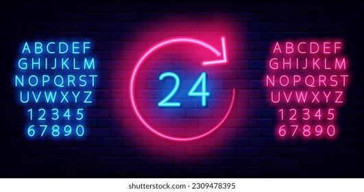 Around the clock neon sign. Circle arrow with 24 label. Night club, bar and market emblem. Glowing invitation on brick wall. Light blue and pink alphabet. Simple banner. Vector stock illustration