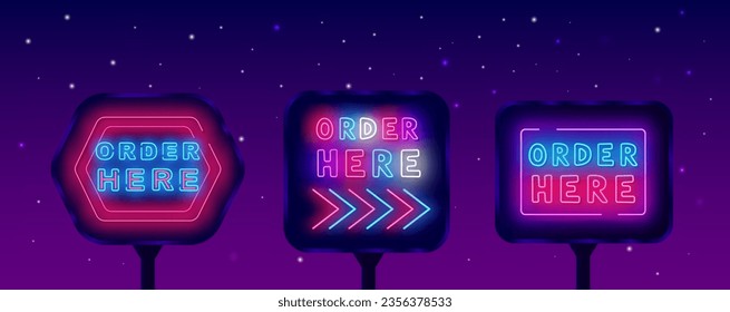 Around the clock neon street billboard set. Glowing outdoor advertisings collection. Open emblem. Night club, bar and market sign. Glowing invitation. Editing text. Vector stock illustration