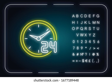 Around The Clock Service Neon Light Icon. 24 7 Hour Customer Support. Circle Watch Dial Badge. Outer Glowing Effect. Sign With Alphabet, Numbers And Symbols. Vector Isolated RGB Color Illustration