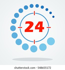 Around the clock sign. Open 24 hours a day icons for shops, cafe and other enterprises Service Service. Flat vector cartoon illustration. Objects isolated on a white background.