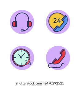 Icono de línea de servicio de Asistencia alrededor del reloj. Centro de llamadas, llamada telefónica, 24 y 7, día y noche. Concepto de servicio al consumidor. Ilustración vectorial para Diseños web y App